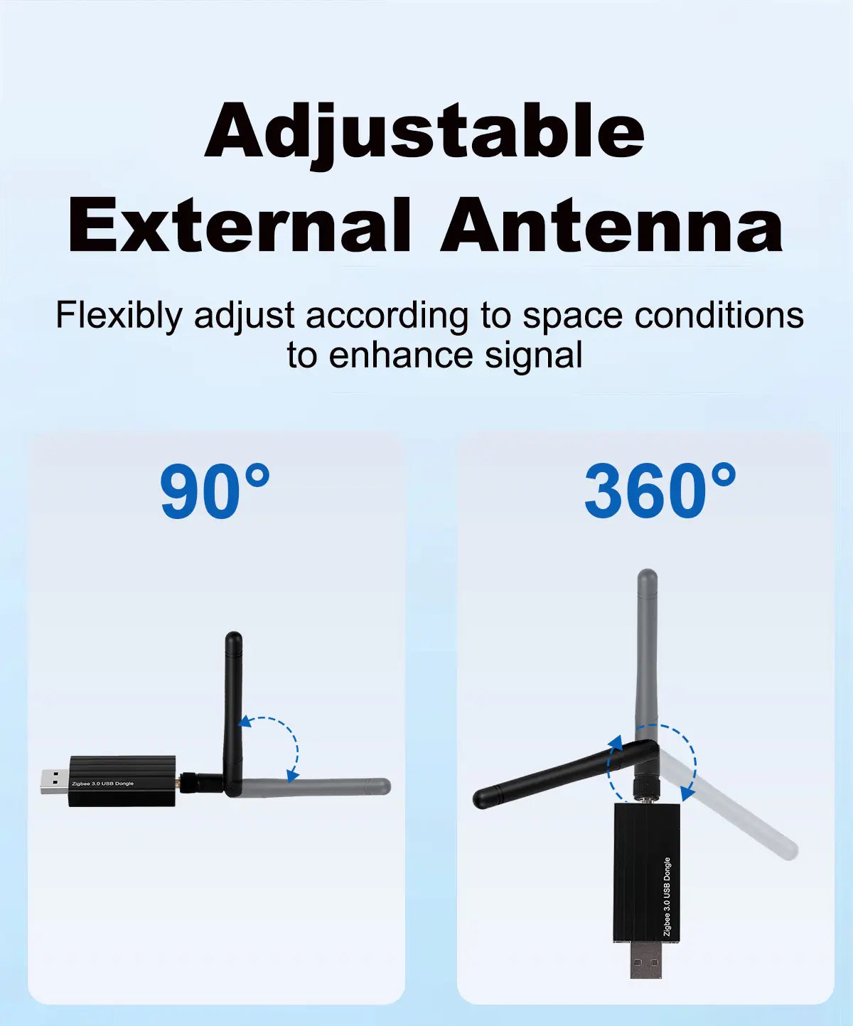 schwarzer USB-3.0-Externer-Antennenadapter mit einstellbaren flexiblen Armen zur optimalen Signalverstärkung, kompatibel mit USB-Dongle-plus-Zigbee-3.0-Home-Assistant-Geräten