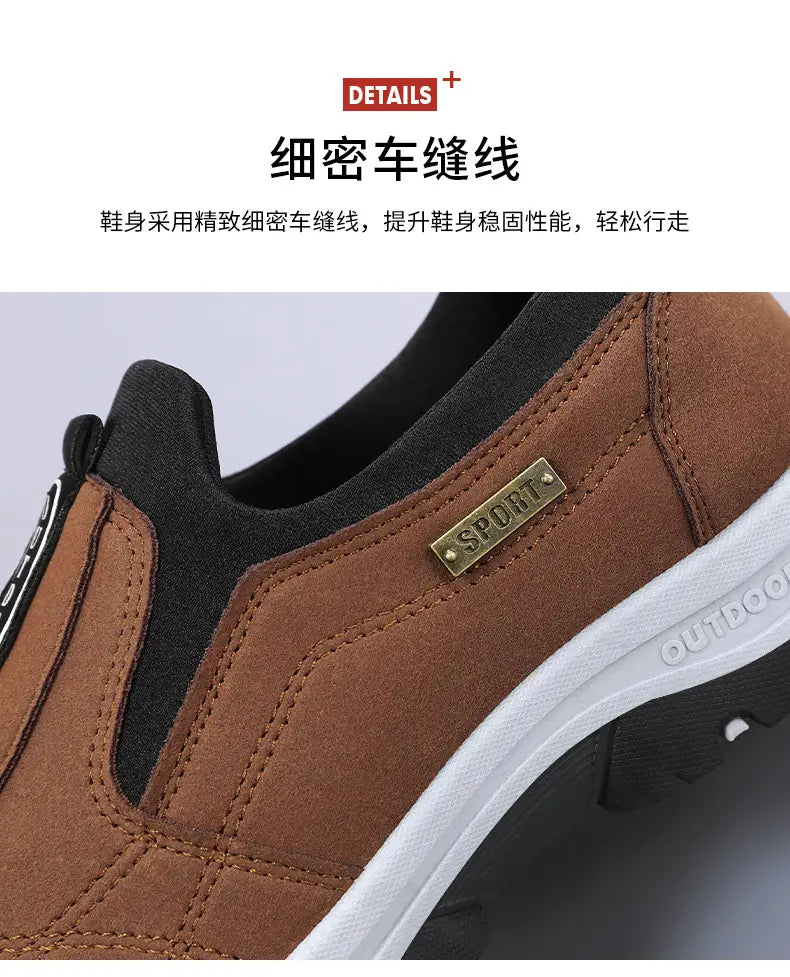 Men orthopedic slip-on walking shoe in brown suede and black fabric with white rubber sole and sport branding on the side.