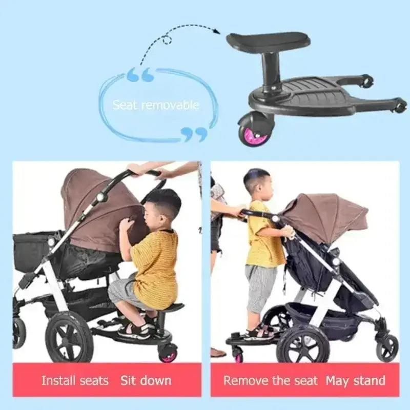 Schwarzer Kunststoff-Fahrbrettaufsatz am Kinderwagen mit rosafarbenen Rädern und abnehmbarem Sitz für Kleinkinder, ausgelegt für Kinderwagen.