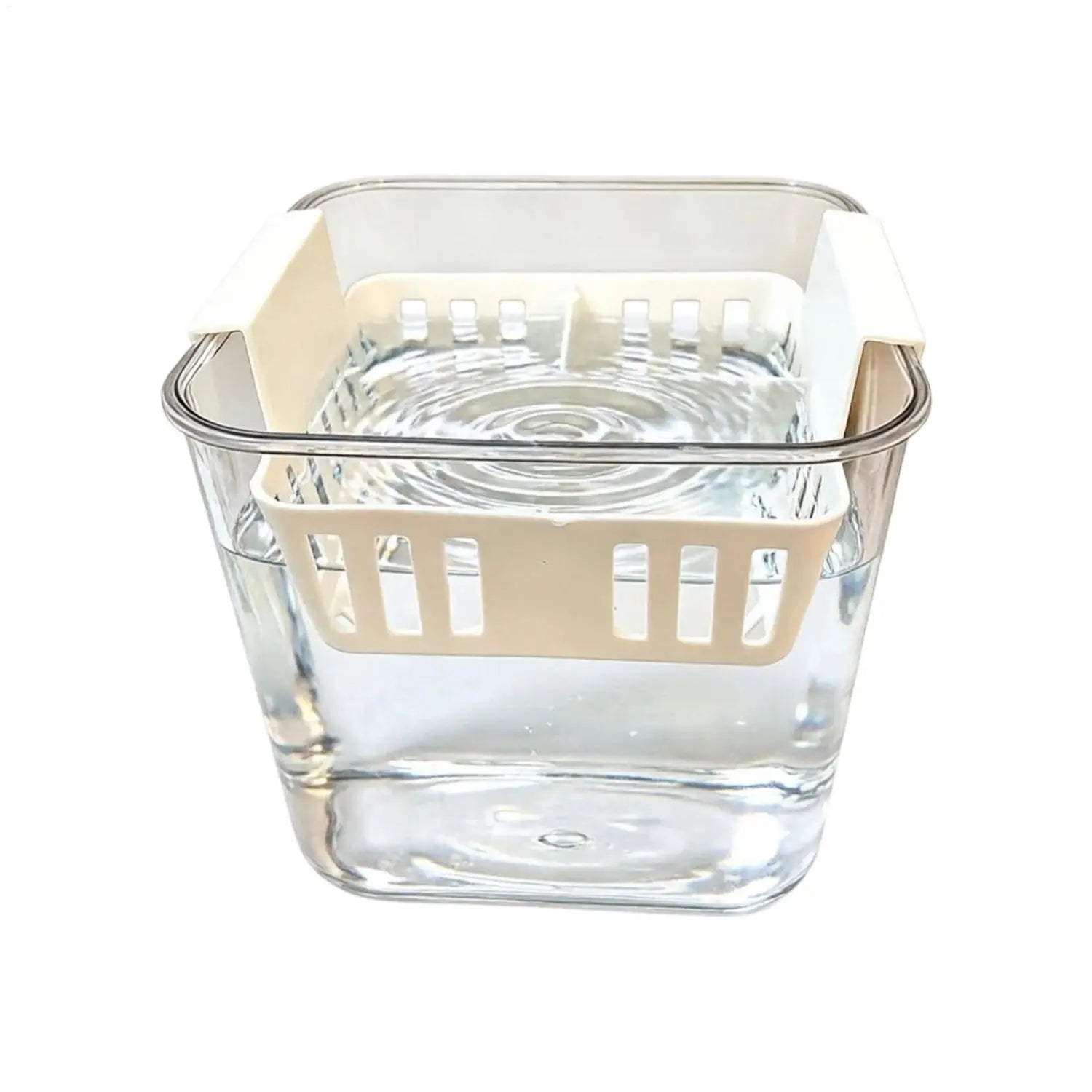 Transparenter Glas-Hydroponik-Blumentopf mit beigen Kunststoff-Netztöpfen mit vertikalen Schlitzen und integrierten Griffen für ein effizientes Pflanzenwachstum.