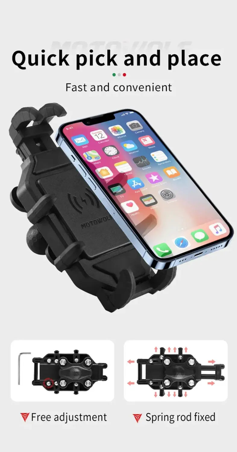 Black plastic motorcycle wireless charging phone mount with adjustable clamping mechanism and wireless charging pad.