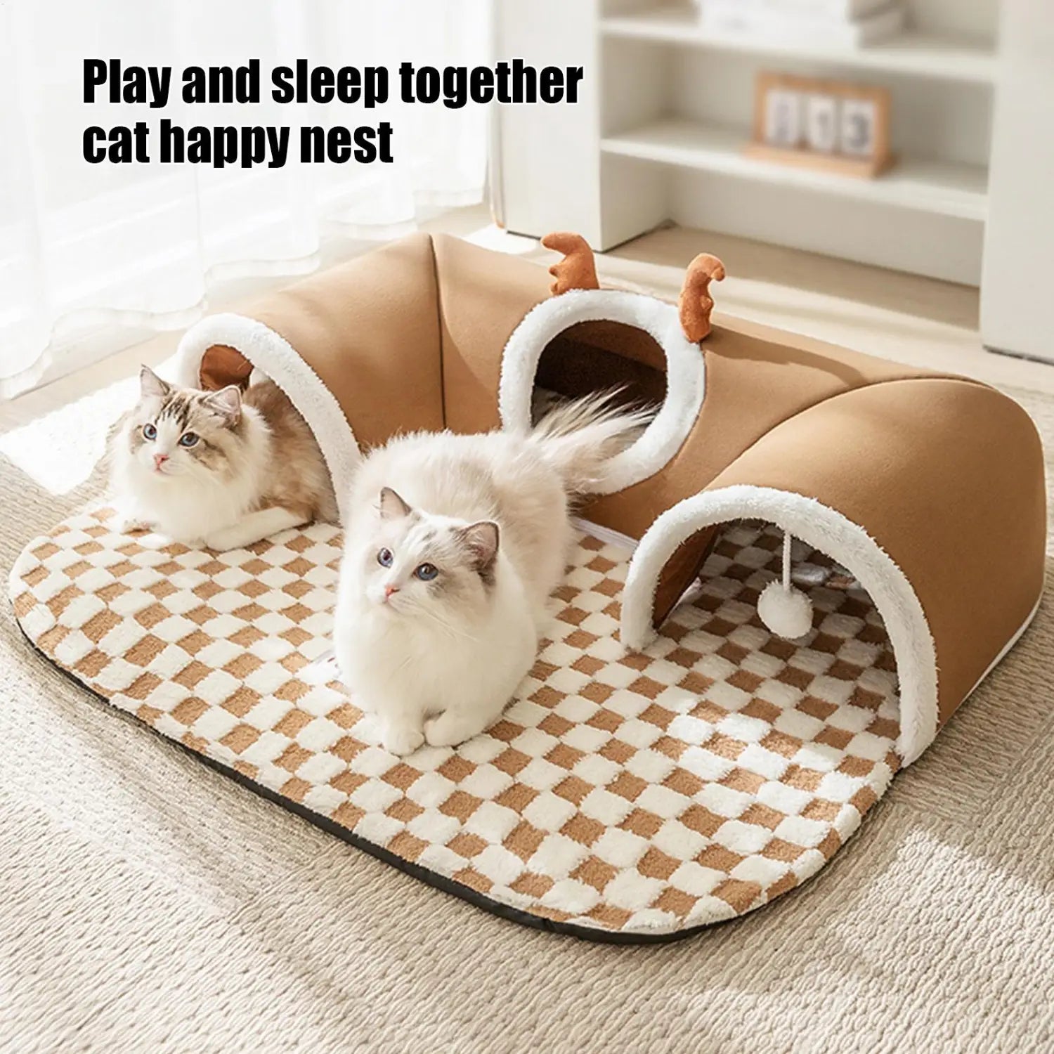 brown and white checkered cat tunnel bed plush corner hideaway featuring three cozy tunnels made of soft plush material with decorative antler accents