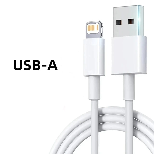 Cable de carga rápido de 35 W de USB-A a Lightning en color blanco, con carcasa de plástico mate elegante y contactos metálicos.