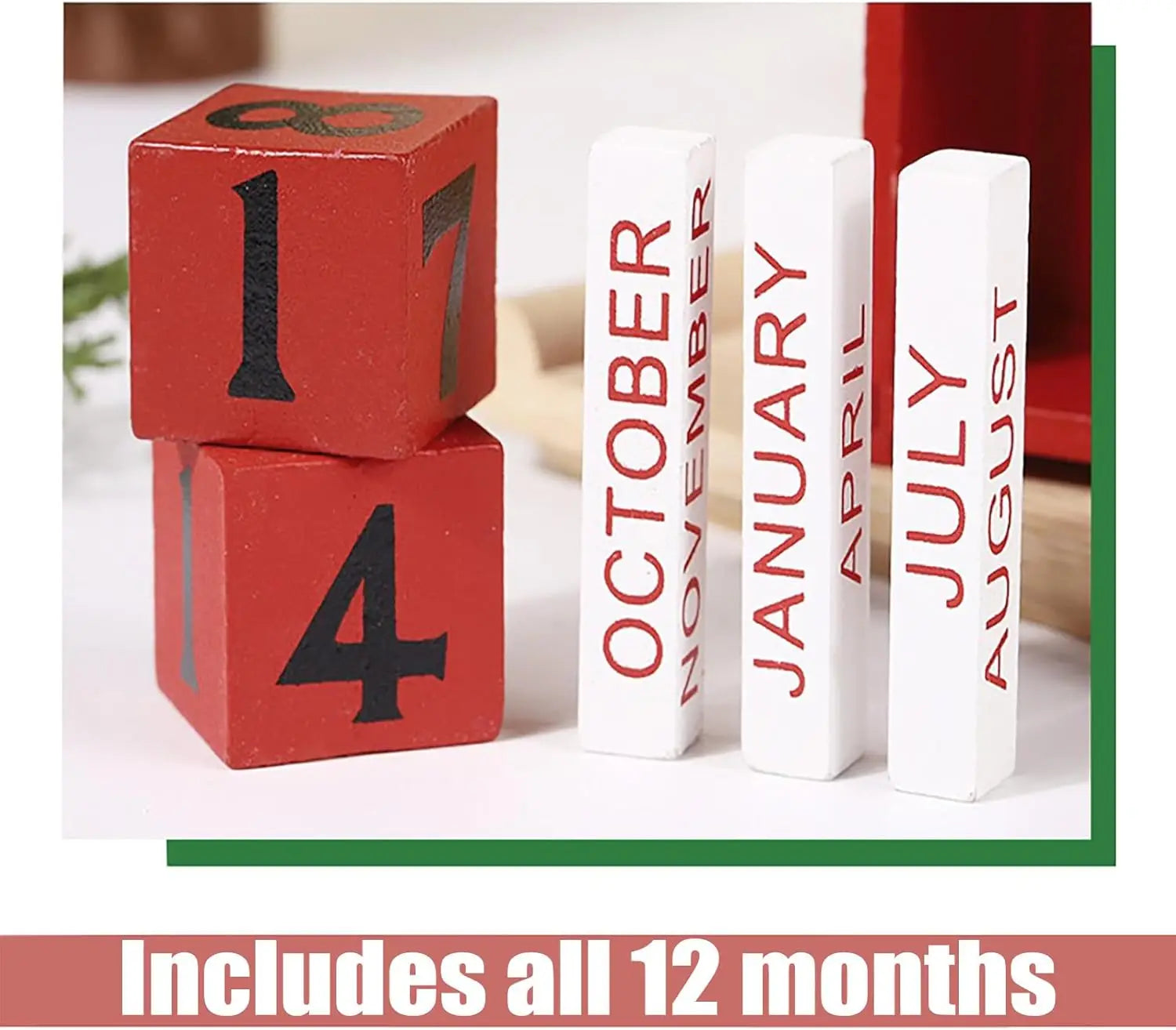 Red wooden cube calendar blocks with black numerals and month labels designed for a wooden Christmas countdown calendar.