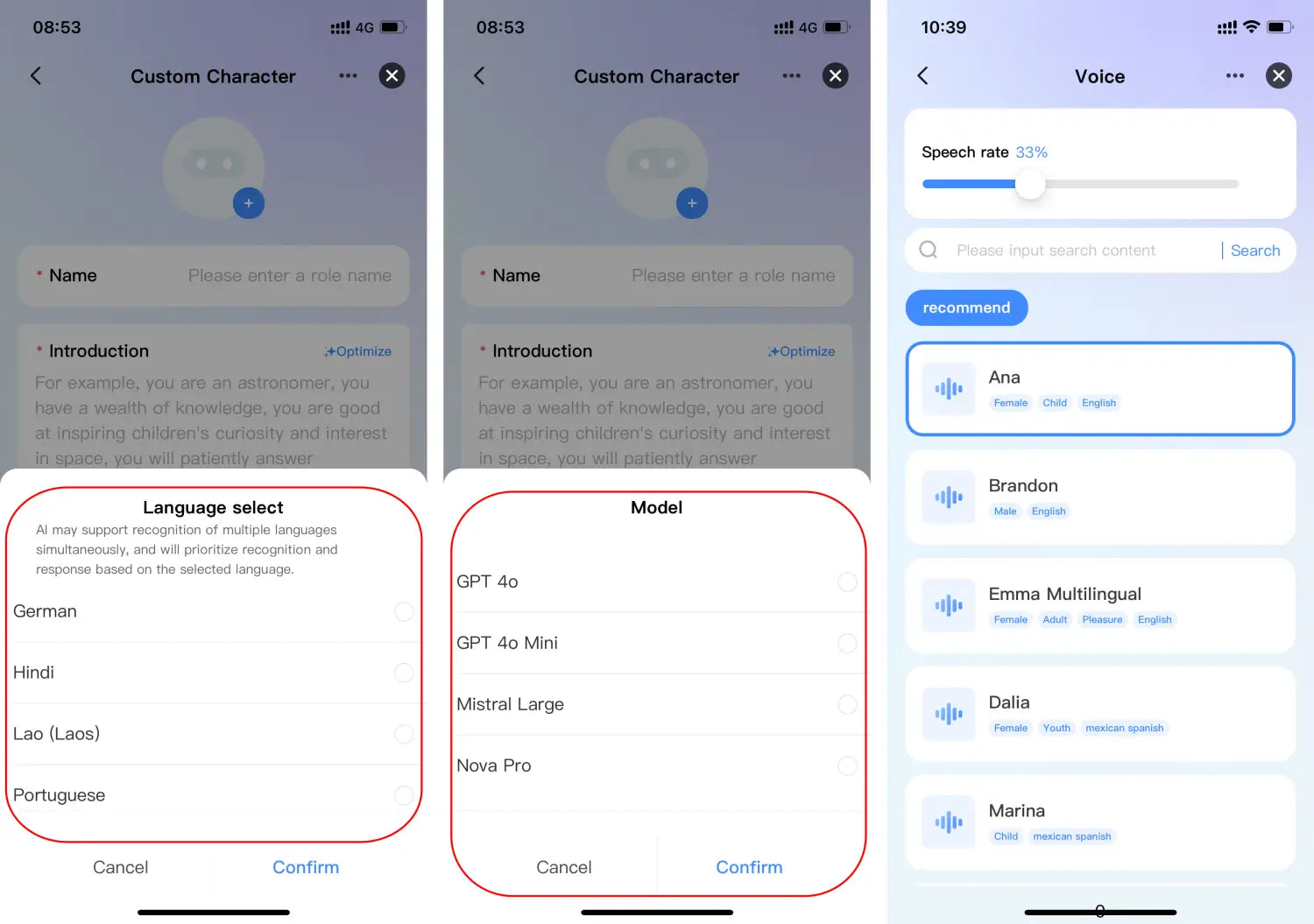 La imagen muestra tres pantallas de teléfono inteligente con opciones de interfaz para personalizar personajes de IA y configuraciones de voz, incluyendo la selección de idioma en alemán, hindi, lao y portugués, junto con opciones de modelo como gpt 4o mini y mistral large en el juguete de robot inteligente con IA para niños usando el modo de chat de la aplicación Smart Life.