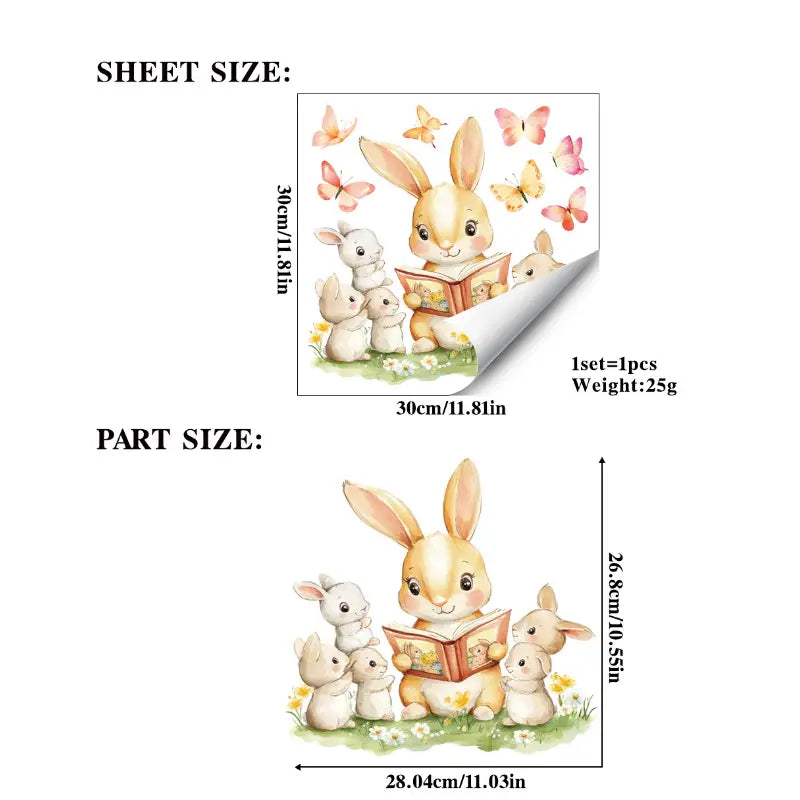 a charming watercolor-style easter bunny window decal featuring a tan rabbit reading to four smaller white rabbits surrounded by pink and yellow butterflies for colorful egg glass stickers.
