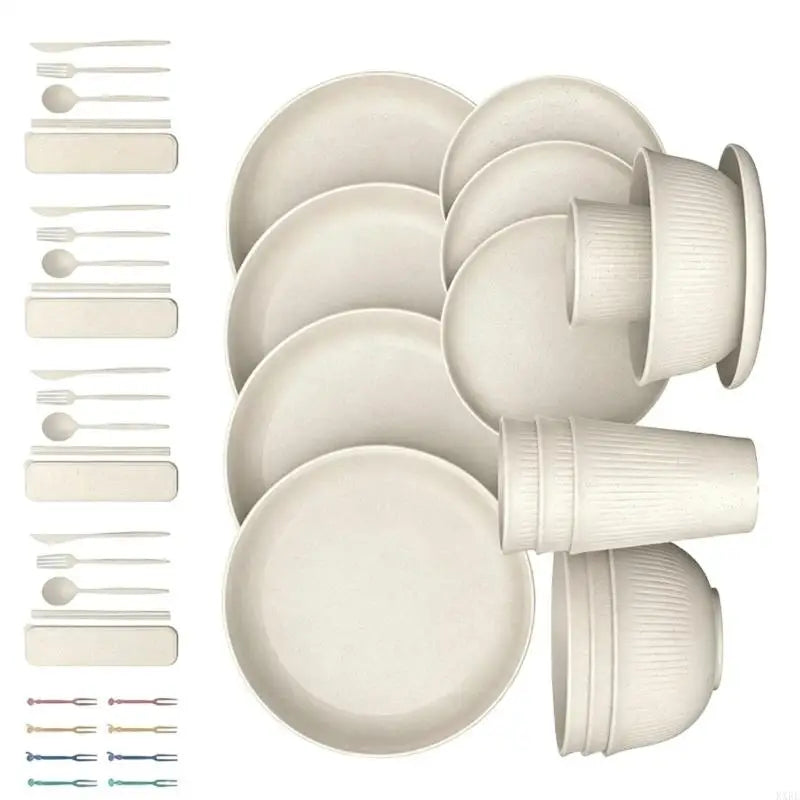 Plastic dinnerware set with ribbed bowls cups for kitchen meals KXRE