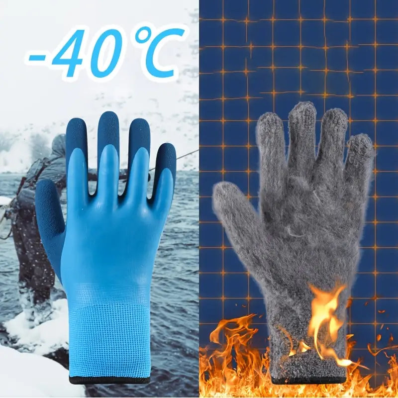 Wasserdichte Winter-Arbeitshandschuhe für Herren in einer blauen Gummibeschichtung mit strukturiertem Griff und verstärktem Handgelenkband, entworfen für eine hohe Beständigkeit gegen extreme Kälte.