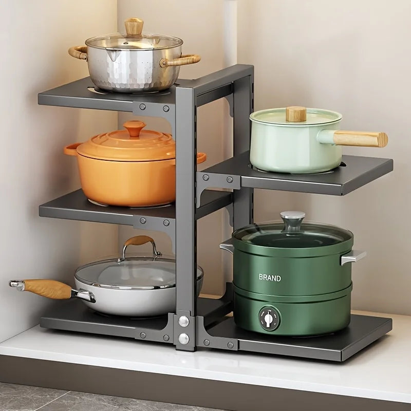 Kitchen Counter Pot Rack, Multi Tier Metal Pan Organizer, Freestanding Corner Cookware Storage Holder for Pots Pans