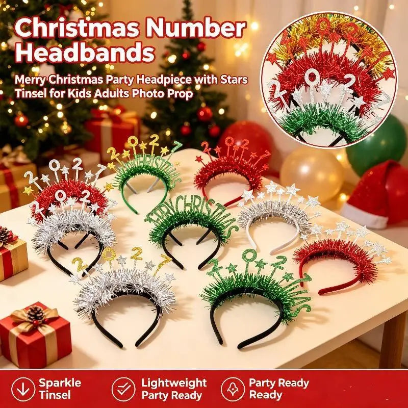 Holiday Christmas New Year Headbands Sparkling Glitter Tinsel Star Decor Soft Hair Hoop for Kids Adults Family Party Photo Shoo