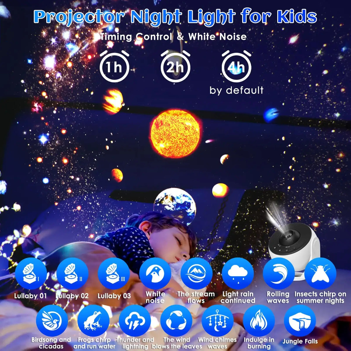 White galaxy projector pro with 12 film discs projects stars and planets with white noise and bluetooth control