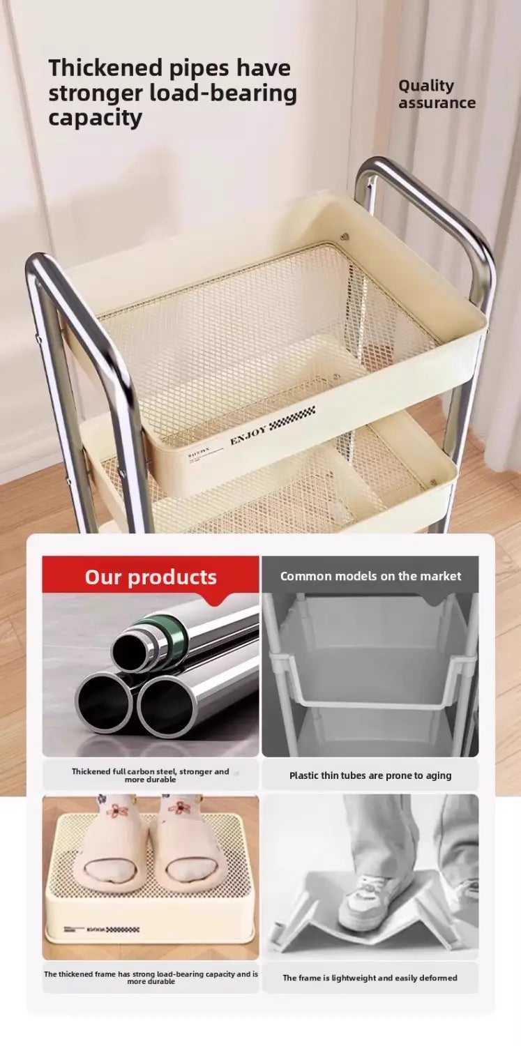 Silbernes Edelstahl-Rollregal mit drei Ebenen aus Mesh-Seiten und beigem Innenraum für die Verwendung als mehrstufiger Kunststoff-Organizer