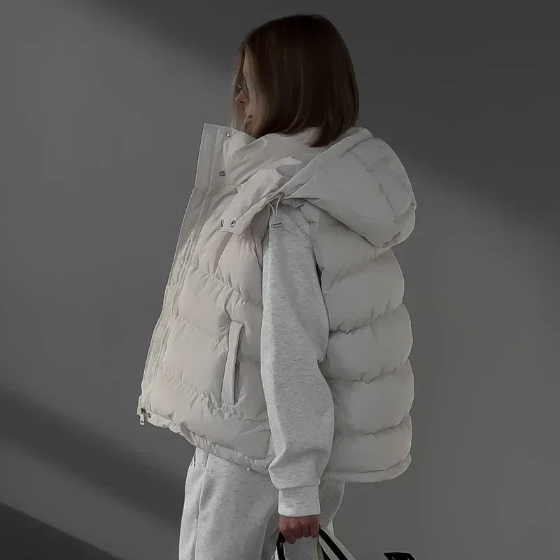 Winter Padded Vests For Woman Zipper Hooded Sleeveless Jacket and Waistcoats Fashion Warm Parkas Coat Outerwear Streetwear