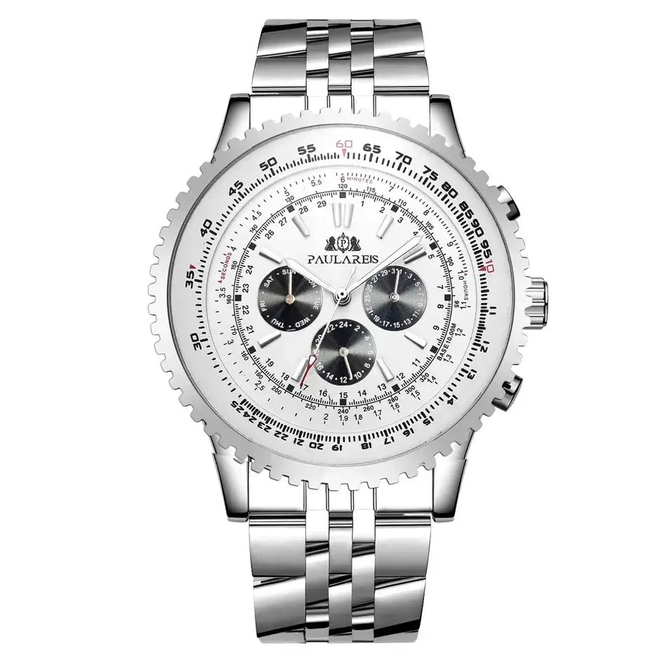 Silberfarbene automatische mechanische Herrenuhr aus Edelstahl mit weißem Zifferblatt, schwarzen Hilfszifferblättern und drei Drückern auf der rechten Seite.