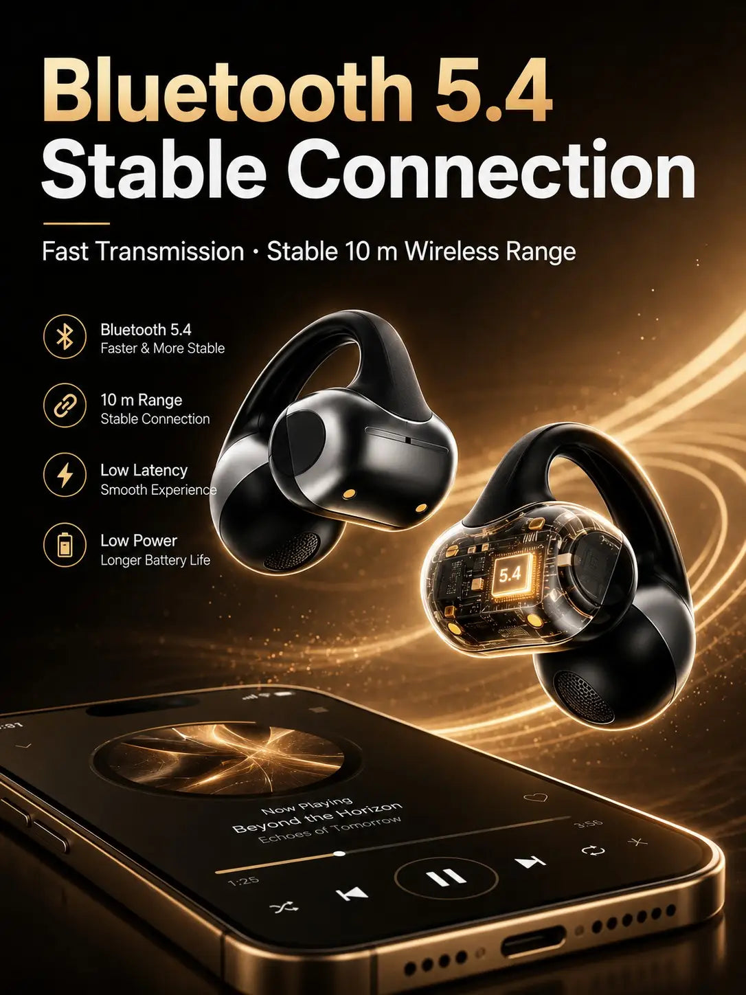 écouteurs Bluetooth à clip sur l’oreille ouverte noirs, avec une fonction de contrôle tactile et un boîtier transparent révélant les circuits internes, à côté d’un étui de charge