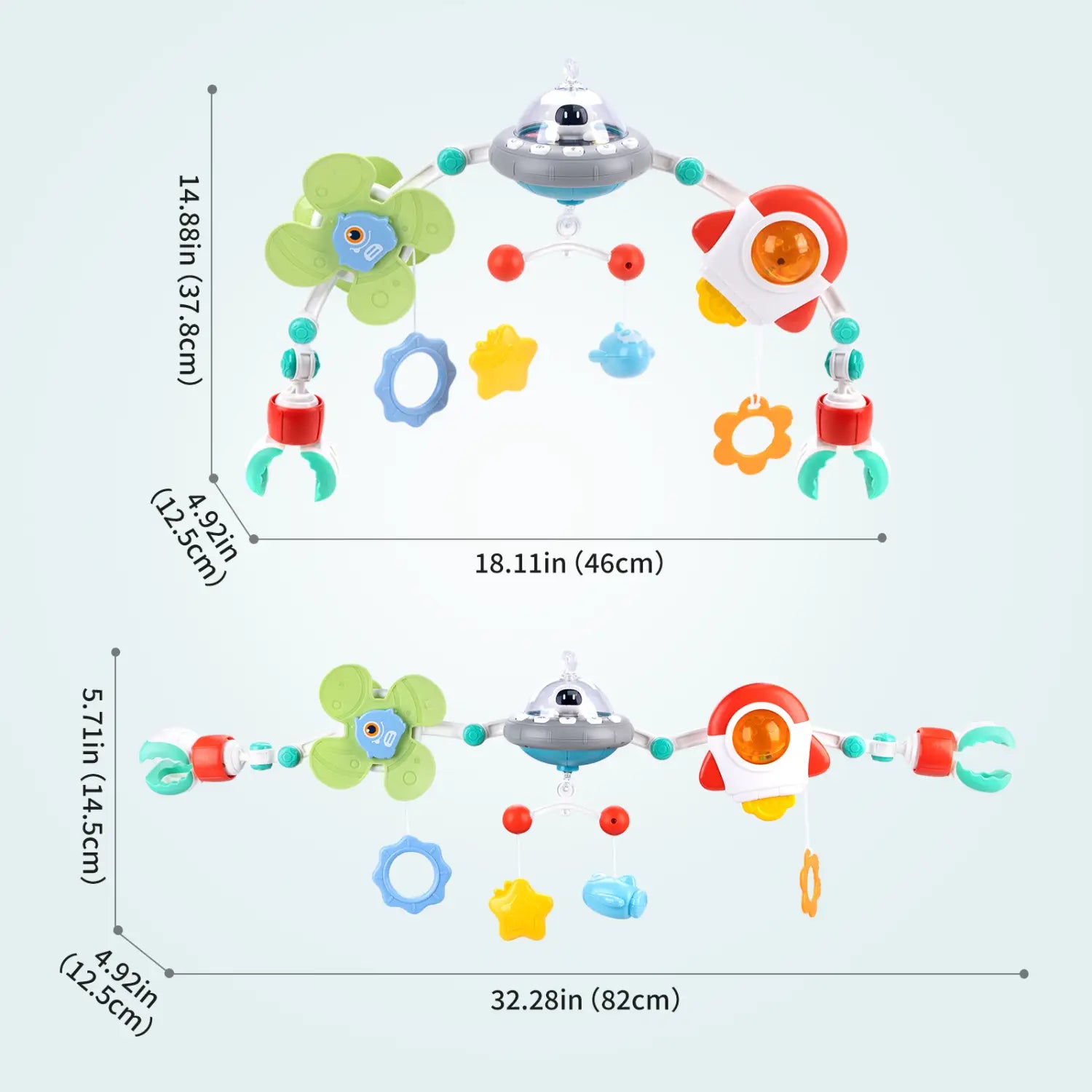 Jouets d’arche pour poussette de bébé en plastique colorés du centre d’activités marin, avec un vaisseau spatial et une conception de fusée au centre, comprenant des jouets suspendus verts, rouges, bleus, jaunes et orange