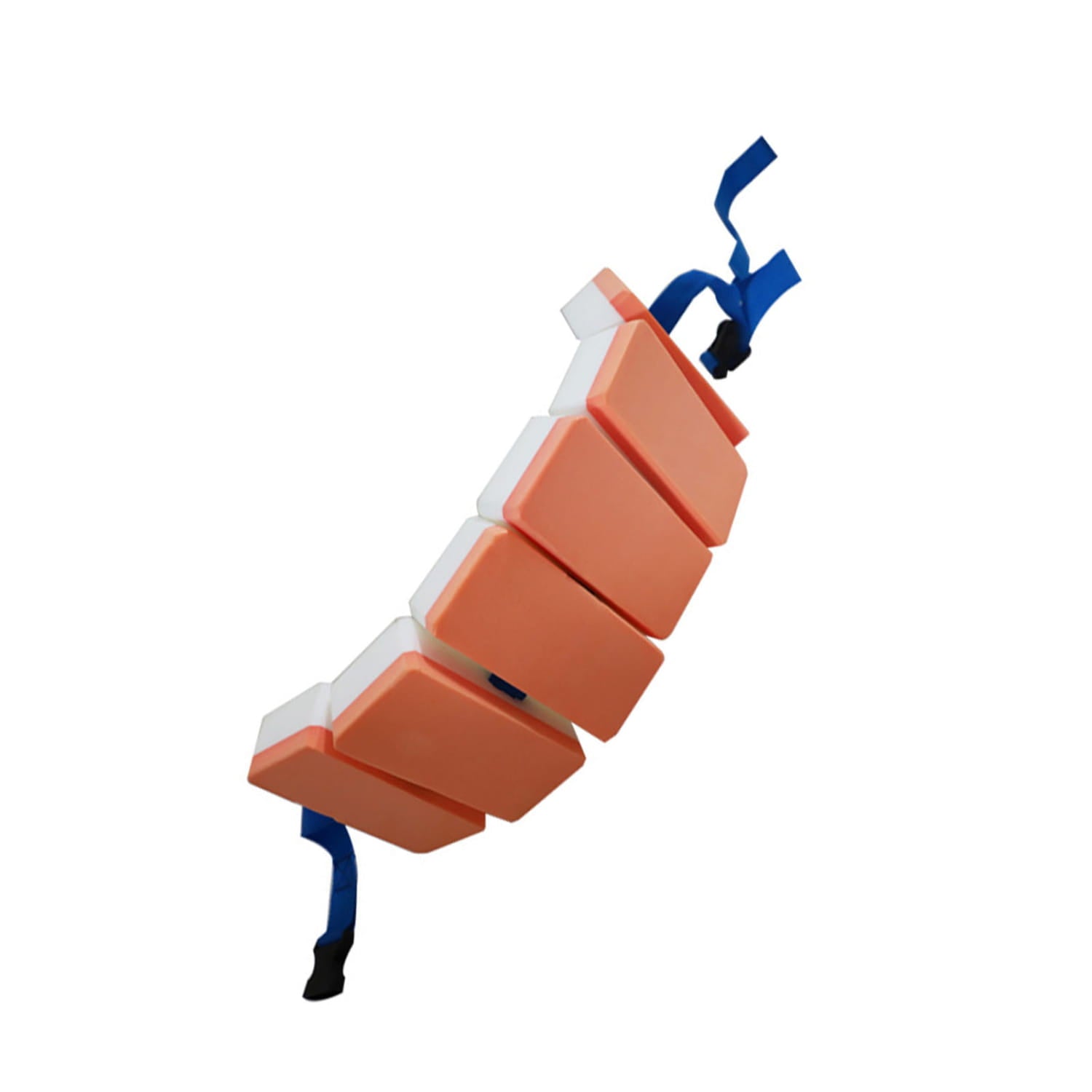 Ceinture de nage flottante pour le dos en mousse EVA orange et blanche segmentée, pour enfants, avec des sangles bleues, présentée du côté arrière.