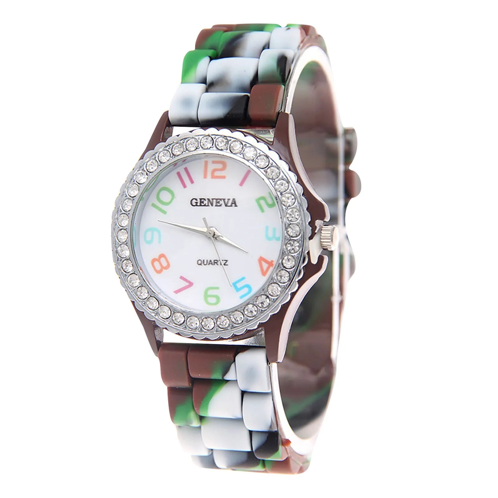Girls’ Silicone Camouflage Watch Crystal Bling Quartz Wrist Watch Fashion And Cool Casual PU Strap Round Dial With Diamond Watch