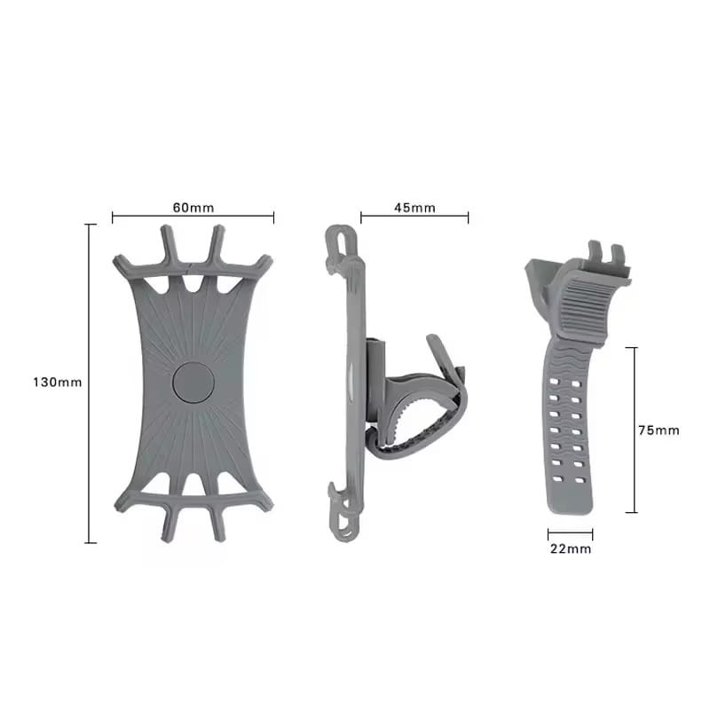 Soporte universal para teléfono de bicicleta de silicona gris con abrazaderas ajustables y una correa flexible para una sujeción segura