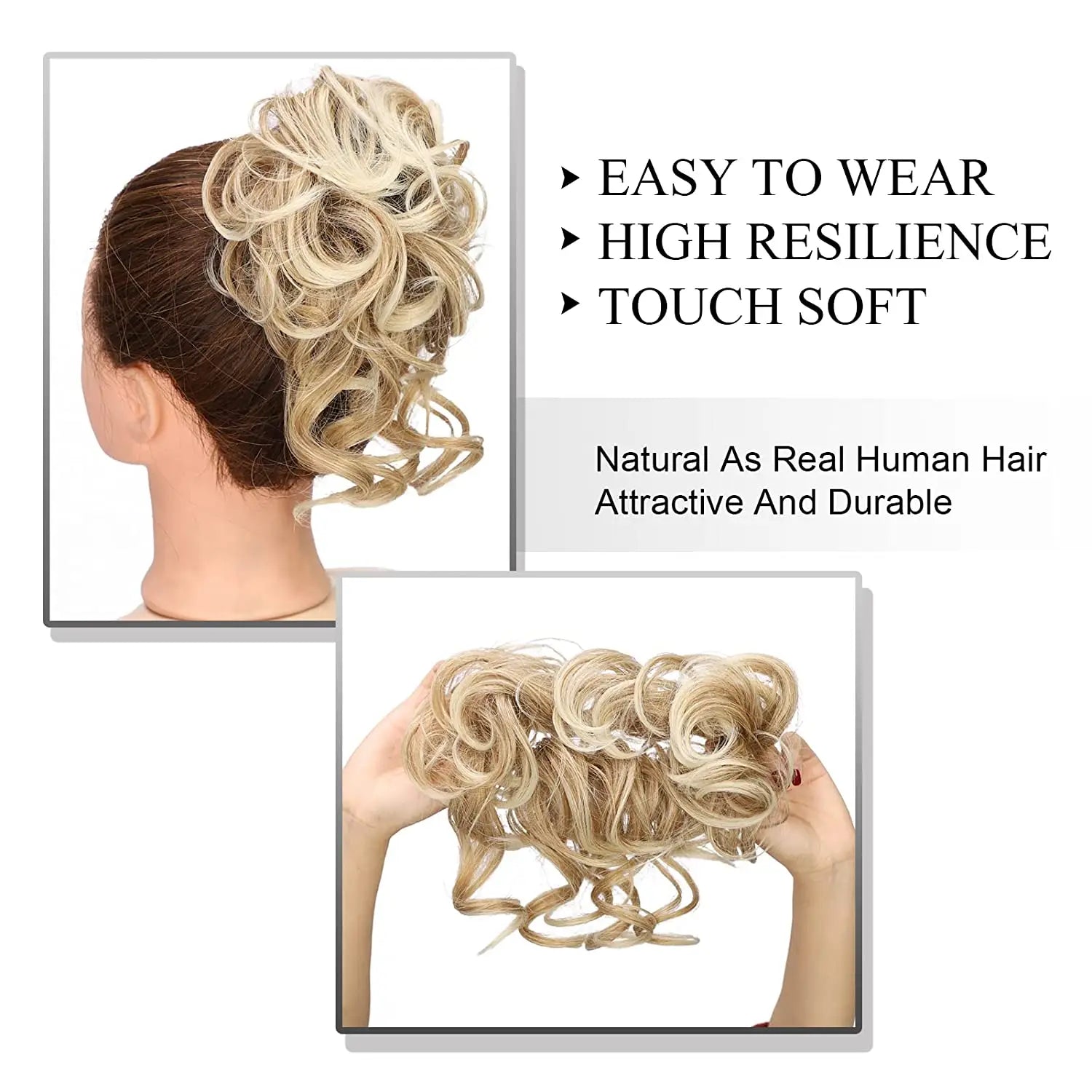 blonde curly synthetic hair bun scrunchie designed for easy wear and high resilience as a voluminous hair piece