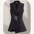 Brand Designer Black Blazers Vest Wings Printed Waistcoats Notched Single Button Asymmetric Sleeveless Vests Temperament Women