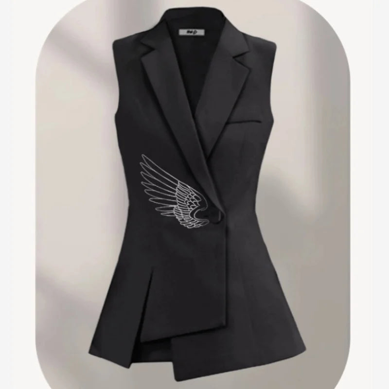 Brand Designer Black Blazers Vest Wings Printed Waistcoats Notched Single Button Asymmetric Sleeveless Vests Temperament Women