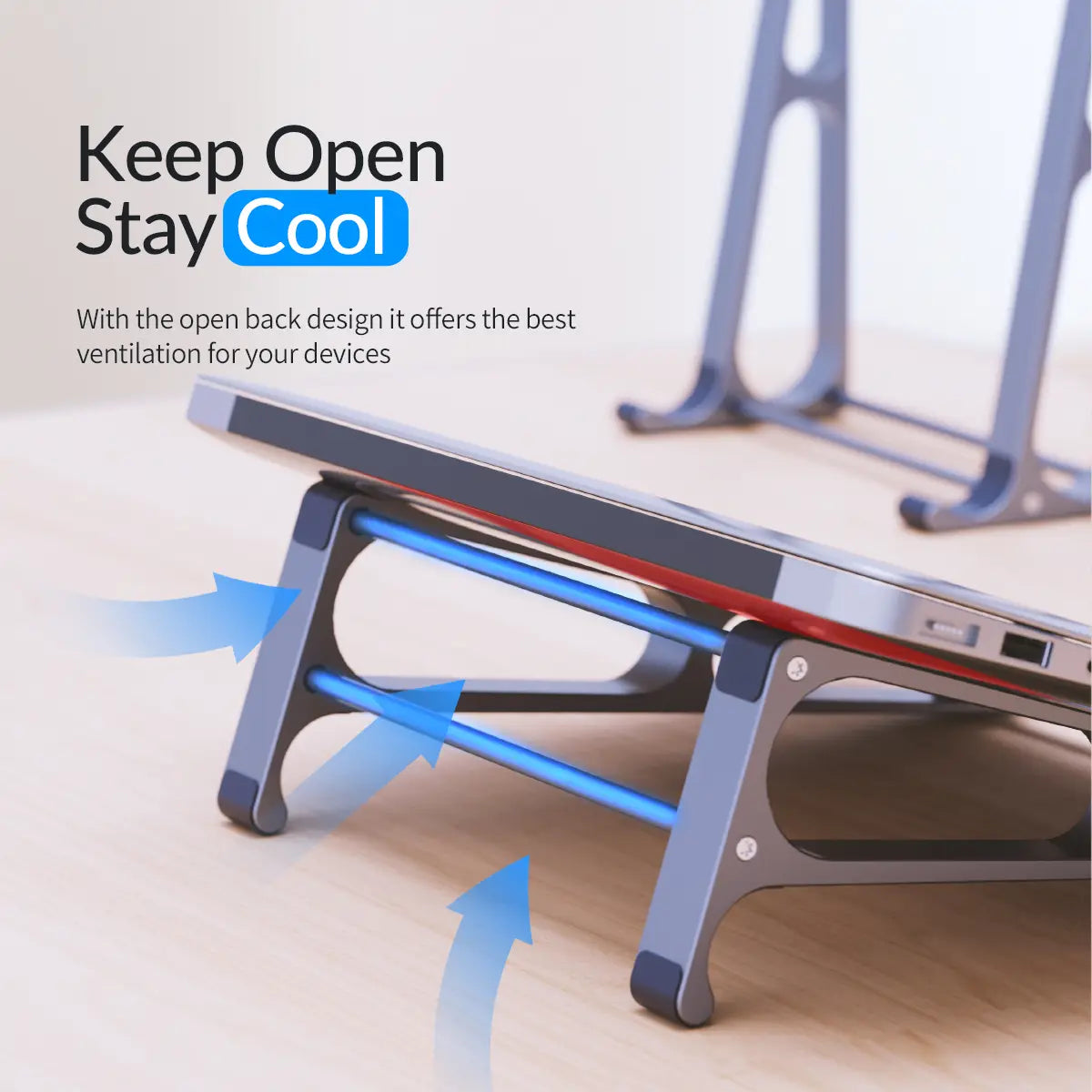 silver aluminum orico portable laptop stand with blue ventilation channels and black rubberized feet for desktop riser use