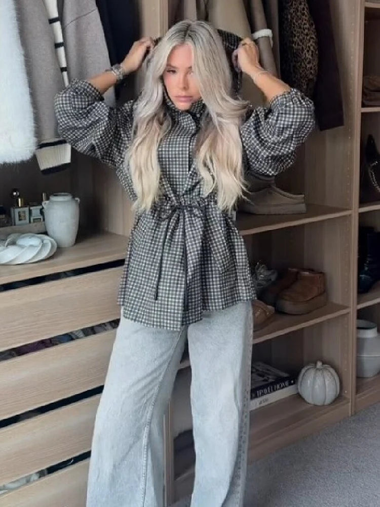 Casual Plaid Hooded Trench Jacket Women Classic Stand Collar Adjustable Drawstring Waist Loose Coats Lady Fall Fashion Outerwear