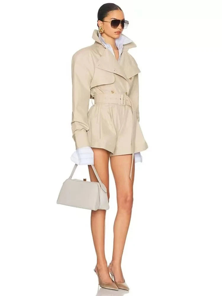 Winter Sexy Lapel Neck Long Sleeve Jacket Jumpsuit With Belt Women Double-breasted Jumpsuit Shorts Elegant Evening Party Runway