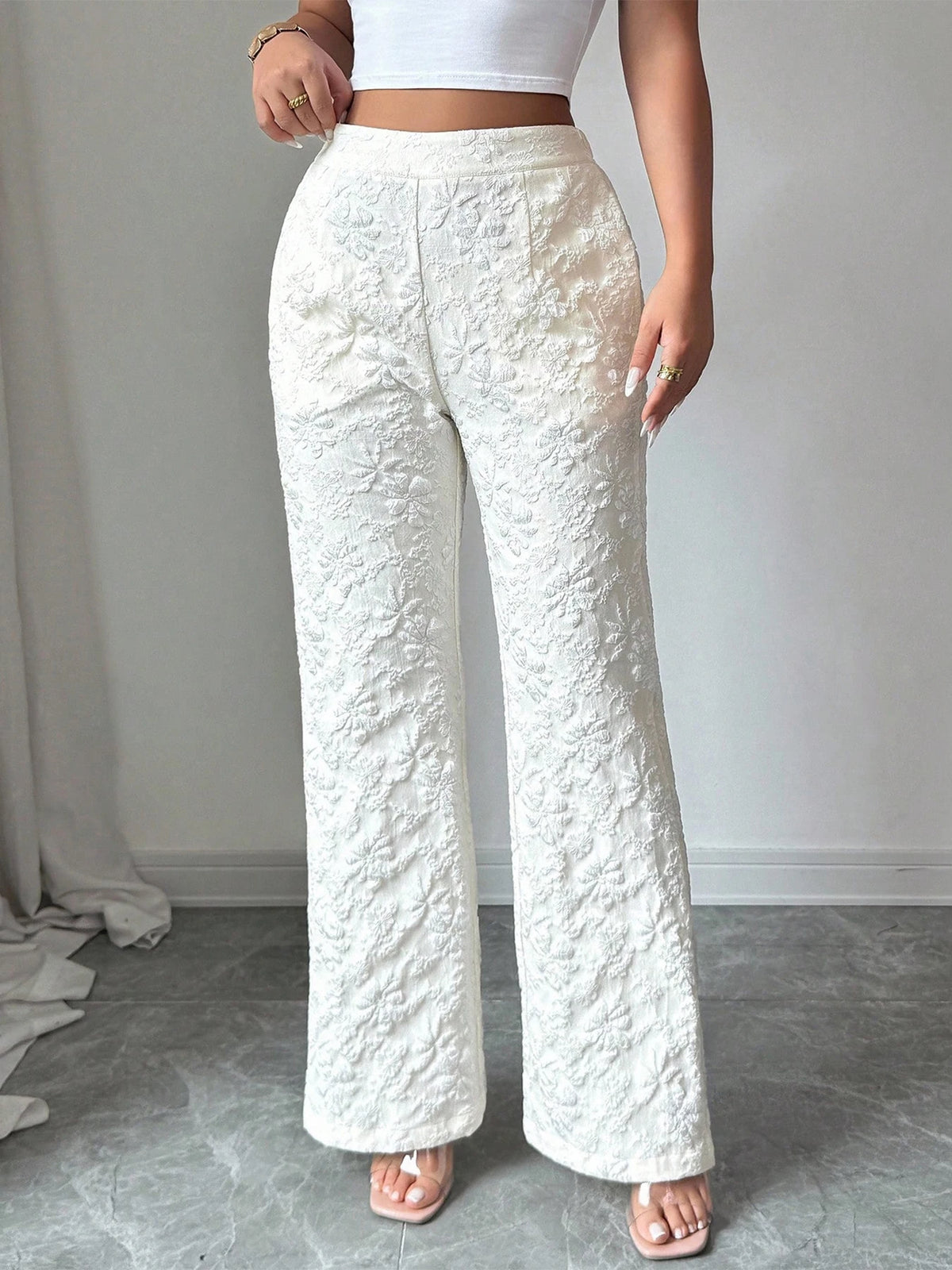 Women Wide Leg Pants Elegant Jacquard High Waisted Pants Elastic Loose Solid Color Casual Pants, for Daily Holiday Street Wear