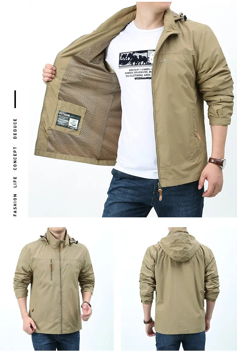 chaqueta cortavientos impermeable ligera con capucha color caqui para hombre Naturehike, con forro de malla y bolsillos con cremallera en verde oliva