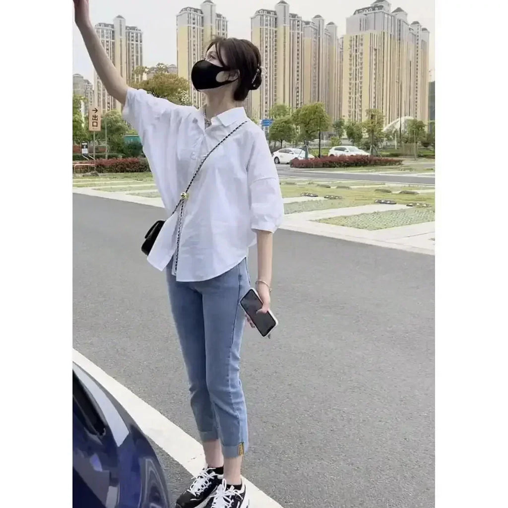 Women Blouses Elegant Streetwear Office Casual Loose Button Up White Blue Long Sleeve Vintage Oversize Shirt Tops