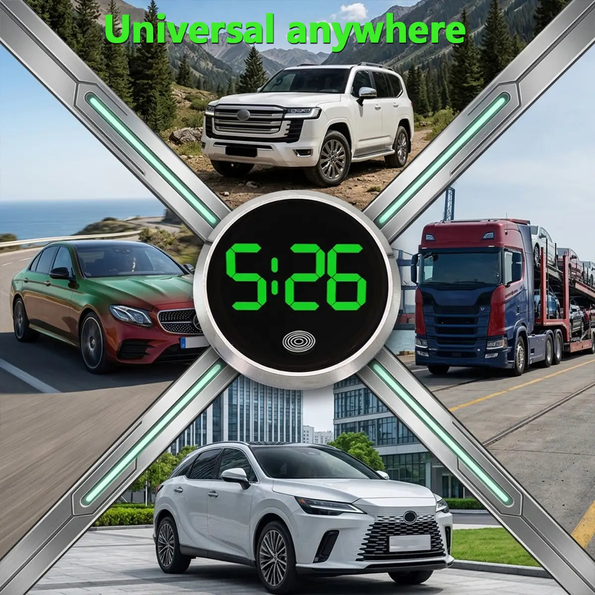 Car dashboard digital clock led touch display with circular black face, silver metallic bezel, and bright green led numerals showing 5:26.