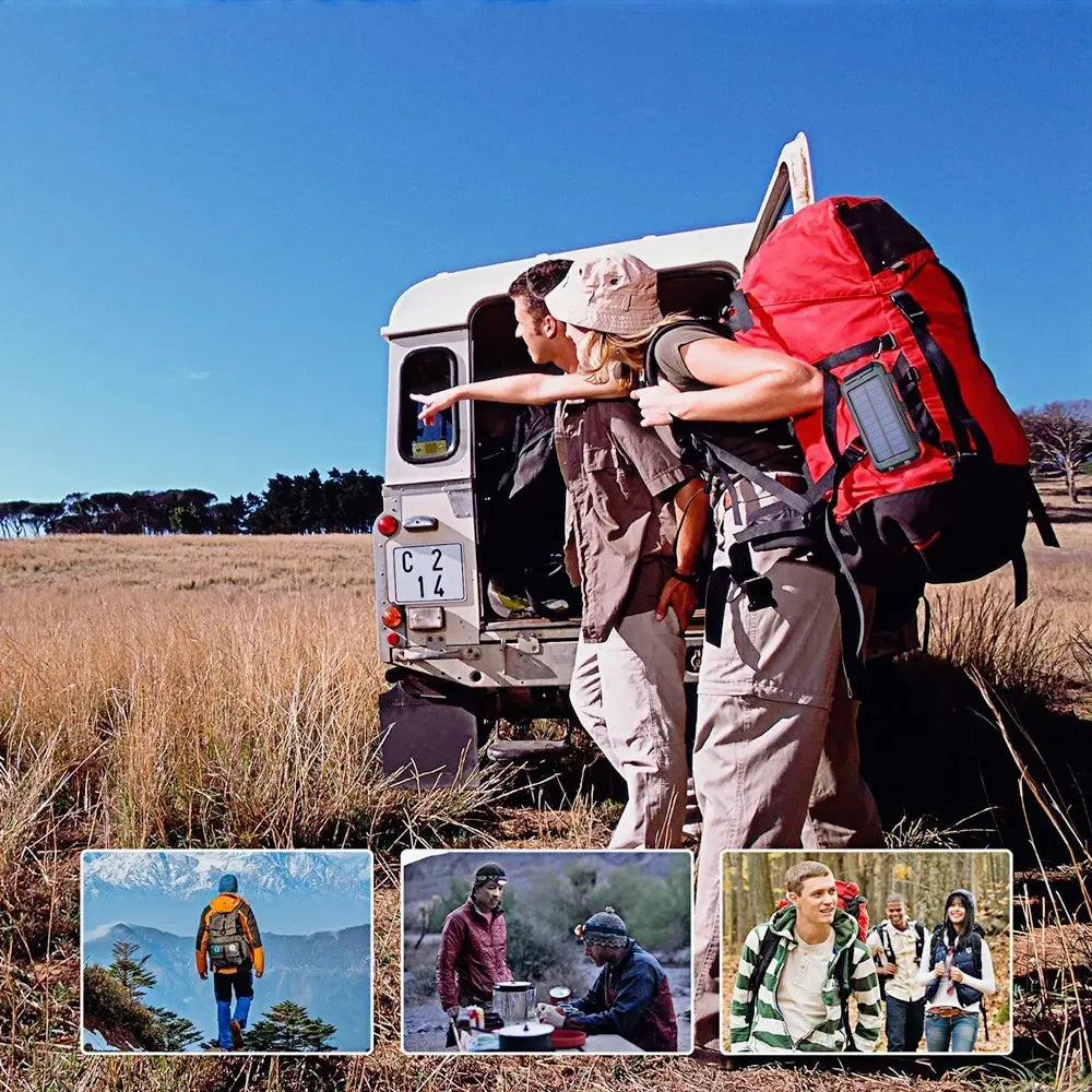 Red and black hiking backpack made of rugged material with a solar panel attachment and integrated 20000mAh portable solar power bank.
