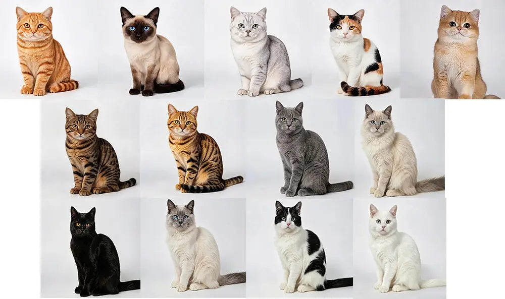 handcrafted wooden cat figurine desk decor featuring a factory direct collection of twelve different actual product cat breeds with unique fur patterns and colors including orange tabby, siamese, gray, calico, black, white, and bicolor varieties.