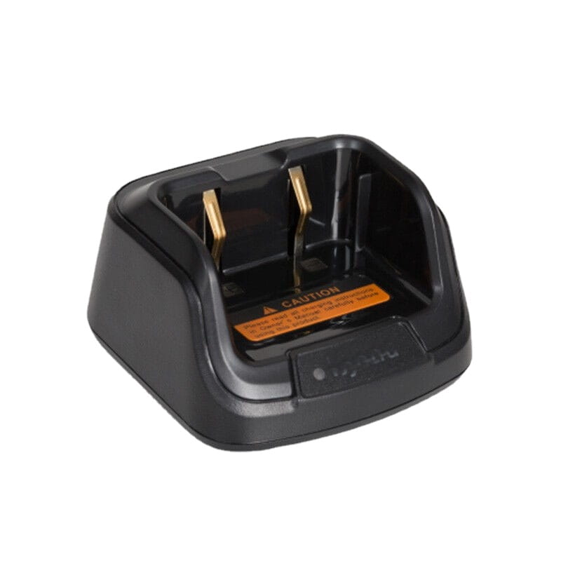 black plastic hytera bd610 bd500 desktop charger base with gold-colored contacts and an orange caution label for bd610 bd500 bd510 and bd500 bd510 td520 models