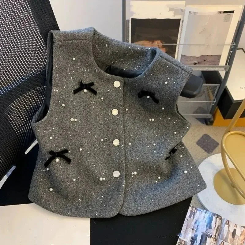Women's Wool Blend Vest - Round Neck with Black Bow Pearl Rhinestone Button Detail