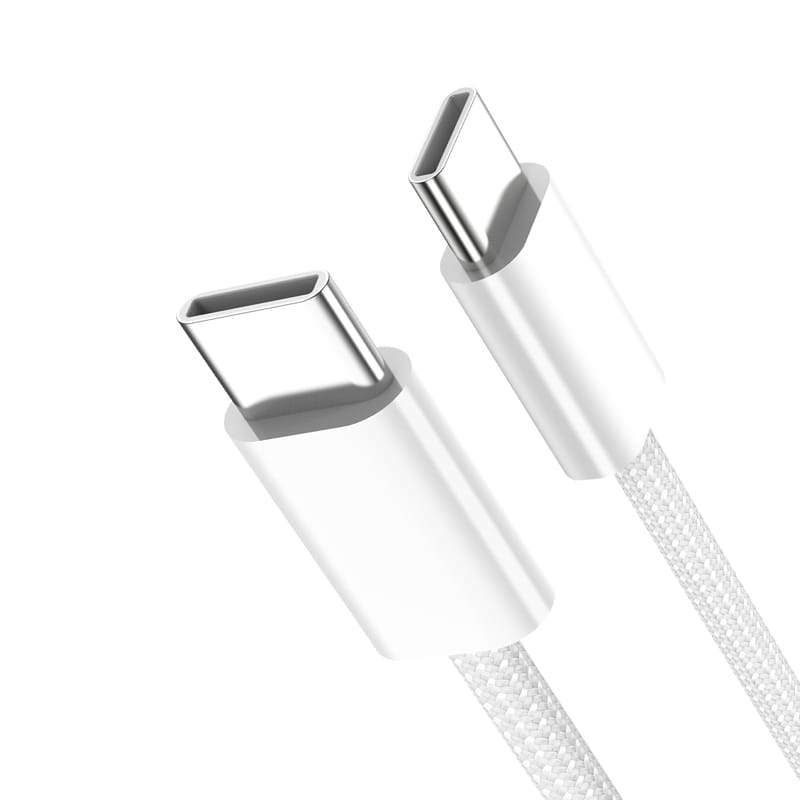 weißes geflochtenes USB‑C-auf-USB‑C-Schnellladekabel mit 240 W, mit Metallsteckern, 2 Meter lang.