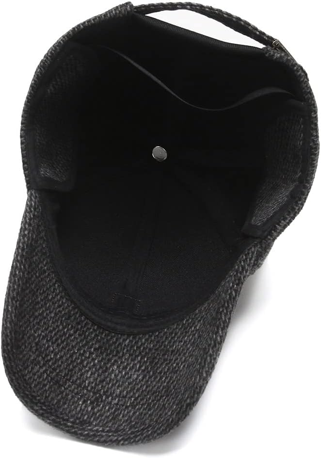 Black textured wool blend mens winter baseball cap with structured brim and adjustable strap featuring integrated earmuffs for cold weather use.