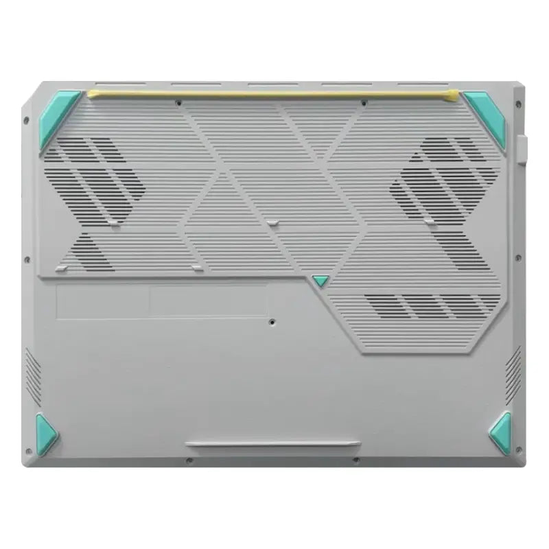 Graues ASUS-TUF-Gaming-A16-Ersatz-Laptopgehäuse mit türkisfarbenen Akzentdreiecken und einem gelben Streifen entlang der oberen Kante für Gaming-A16-/F16-Modelle