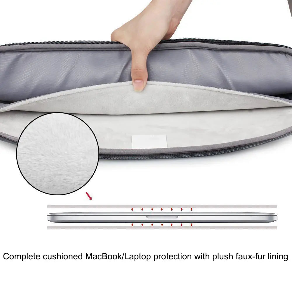 Gray cushioned laptop sleeve bag with plush faux-fur lining designed for MacBook Air and Pro protection.