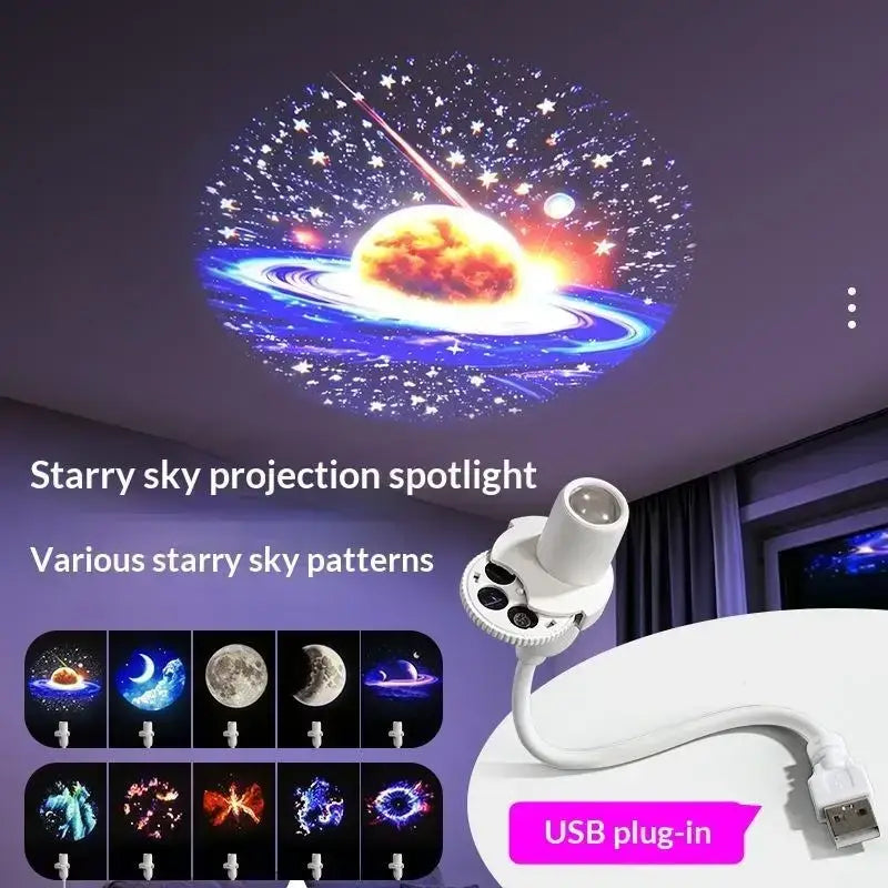 White usb powered starry sky projection spotlight with flexible arm showing planets stars and moons pattern