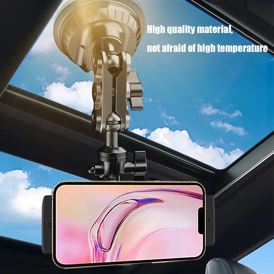 gold-colored tablet holder suction cup windshield mount with adjustable arm securely holding a smartphone of similar size