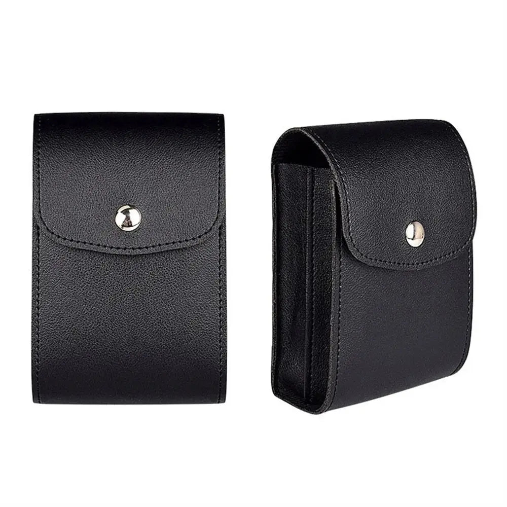 black faux leather digital storage bag with silver-toned snap button closure designed as a portable cable organizer