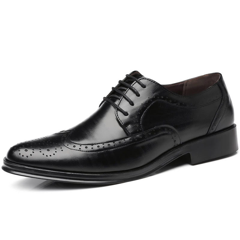 Men’s leather brogue dress shoe in black featuring perforated detailing and a polished finish.