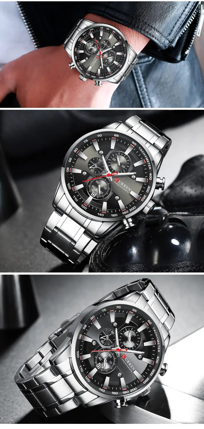 Silver-toned stainless steel Curren mens chronograph watch with a dark gray dial and red accent hands and markers.