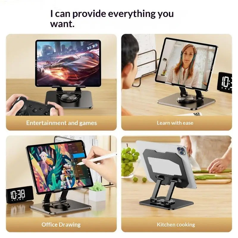 Black adjustable aluminum alloy tablet phone stand with sleek minimalist design and sturdy base for stable support and 360 rotatable functionality