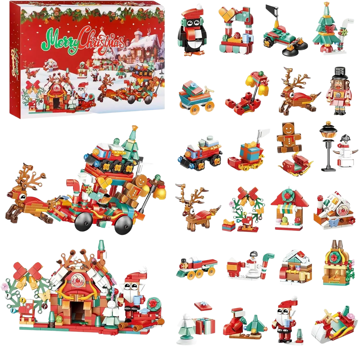 Red and green christmas surprise advent calendar 2025 featuring building block festive scenes with santa and reindeer