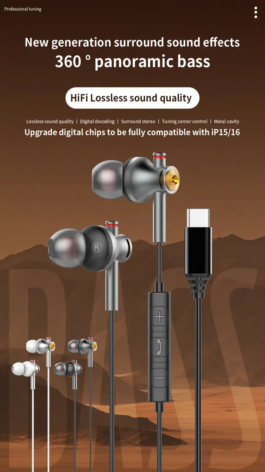 Black usb c wired ear gaming headphones multi-function button control module with matte finish and phone call icons