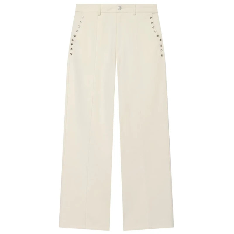 Women's Denim 2 Piece Sets Casual White Halter Sleeveless Metal Rivet Zip-Up Crop Tops & Wide Leg Pants Sets Female Streetwear